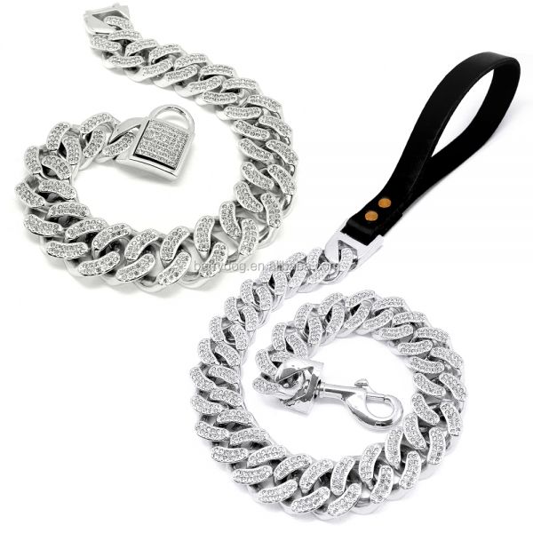 Stainless Steel Chunky Dog Cuban Chain Plated 18k Silver Diamond Pet Collar and Leash