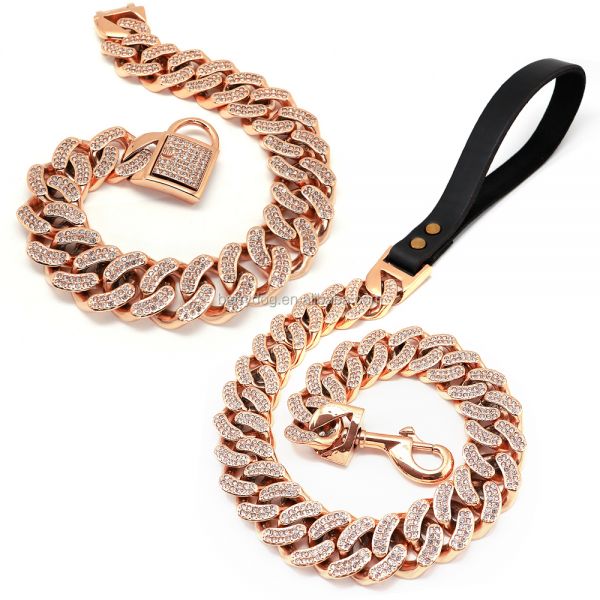 Stainless Steel Chunky Dog Cuban Chain Plated 18k Silver Diamond Pet Collar and Leash