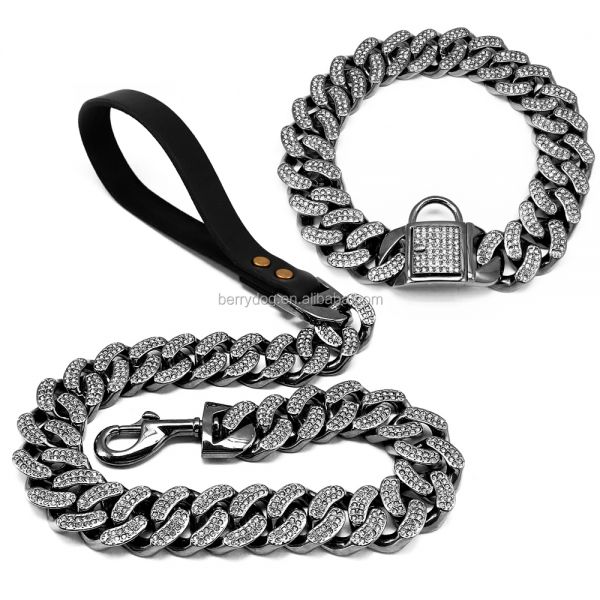 Stainless Steel Chunky Dog Cuban Chain Plated 18k Silver Diamond Pet Collar and Leash