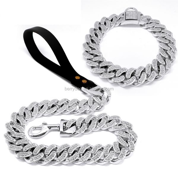 Stainless Steel Chunky Dog Cuban Chain Plated 18k Silver Diamond Pet Collar and Leash