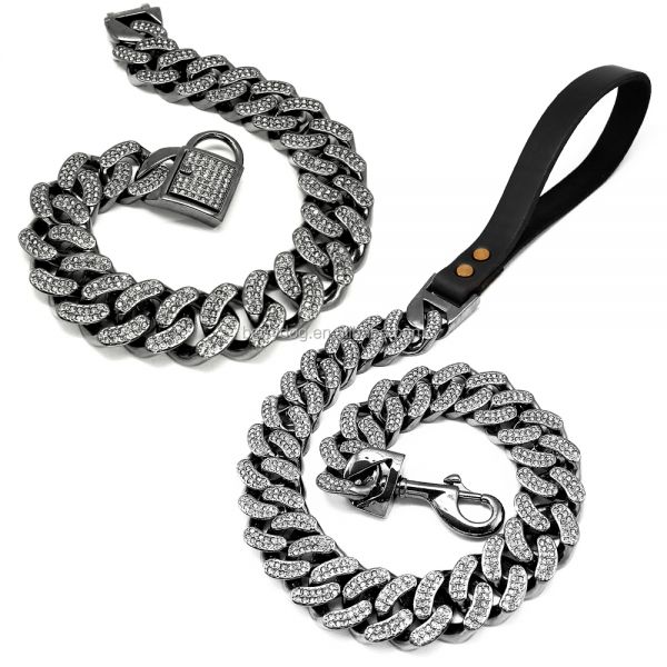 Stainless Steel Chunky Dog Cuban Chain Plated 18k Silver Diamond Pet Collar and Leash