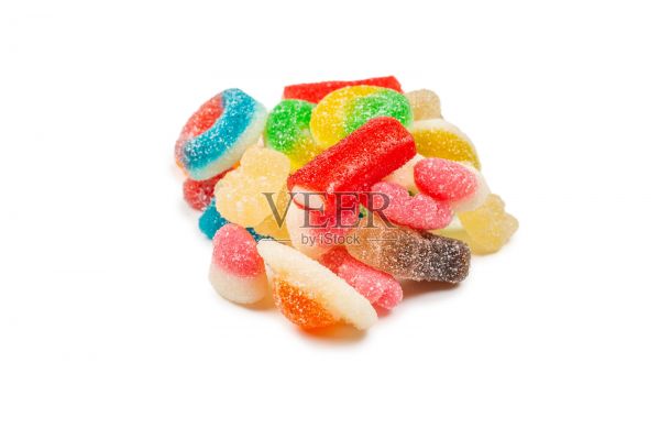 各种胶粘的糖果。前视图。果冻糖果。孤立在白色的。照片摄影图片