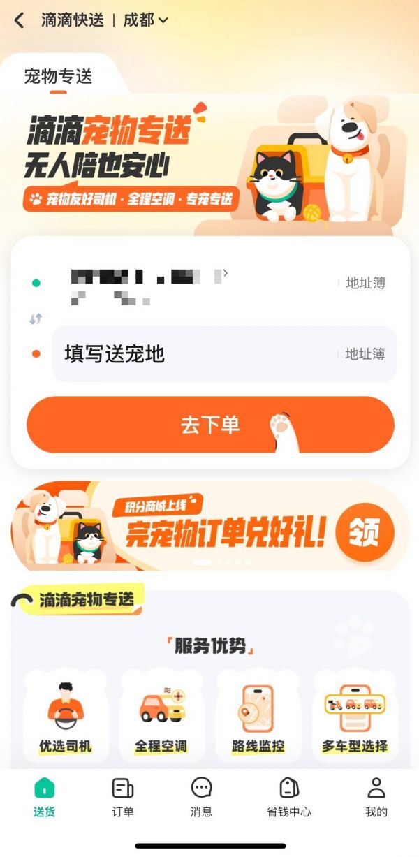 滴滴快送宠物专送下单页面