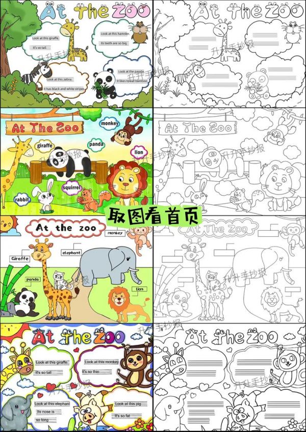 英语动物园手抄报主题绘画线稿可打印英语atthe抖音