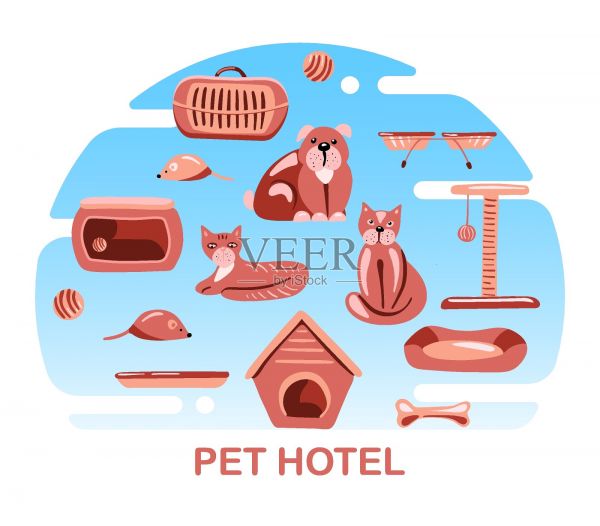 宠物旅馆。狗和猫日托所。宠物饰品。宠物店的概念。载体，骨头，玩具，房子，碗，喂食器，床。矢量插图。插画图片素材