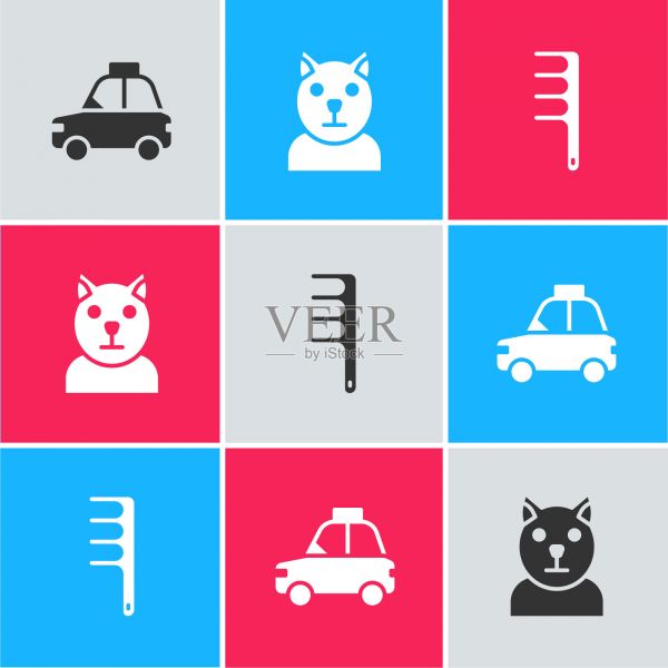 设置宠物车出租车，猫和毛刷的狗和猫的图标。向量插画图片素材