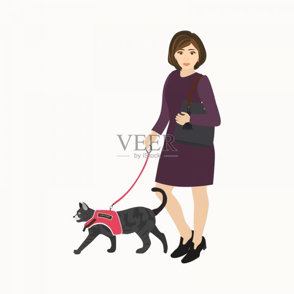 女人走路和她的猫与宠物绳，扁平图标。插画图片素材