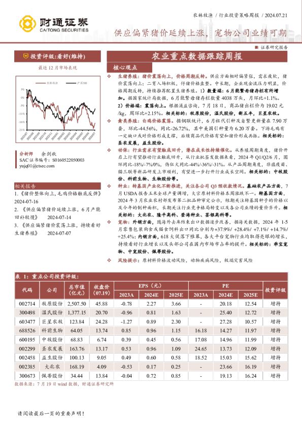 农业重点数据跟踪周报：供应偏紧猪价延续上涨，宠物公司业绩可期