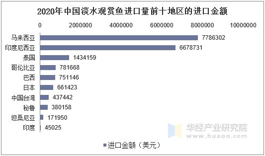 2020年中国淡水观赏鱼进口量前十地区的进口金额