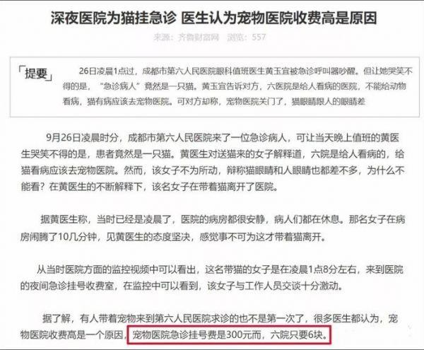 女子带猫去人医院看病，只因宠物医院急诊挂号费要300元？！