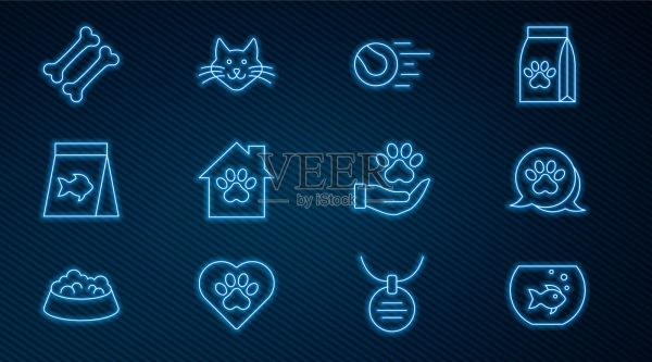 设置线水族馆与鱼爪印宠物玩具图标素材