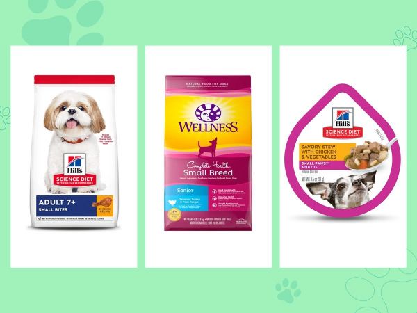 两袋希尔斯和维康的小型犬干粮和一桶希尔斯小犬用品放在绿色背景上。