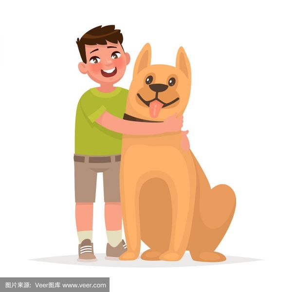 白色背景下可爱的男孩抱着一只狗.友谊.矢量插图卡通风格