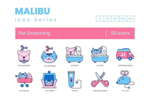 50个宠物美容系列创意描边风源文件下载50 Pet Grooming Icons Malibu Series插图