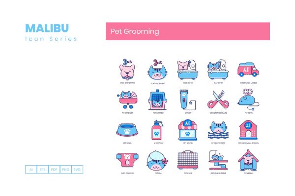 50个宠物美容系列创意描边风源文件下载50 Pet Grooming Icons Malibu Series插图1