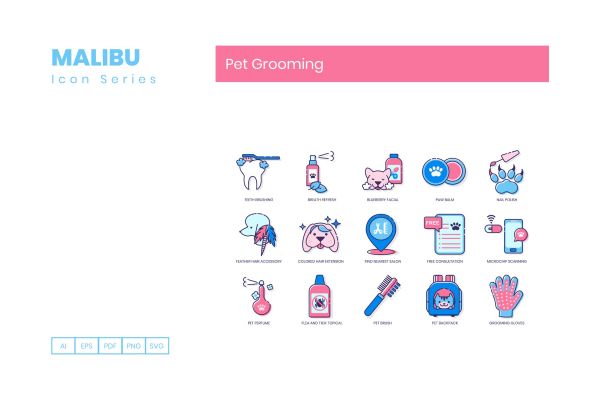 50个宠物美容系列创意描边风源文件下载50 Pet Grooming Icons Malibu Series插图3