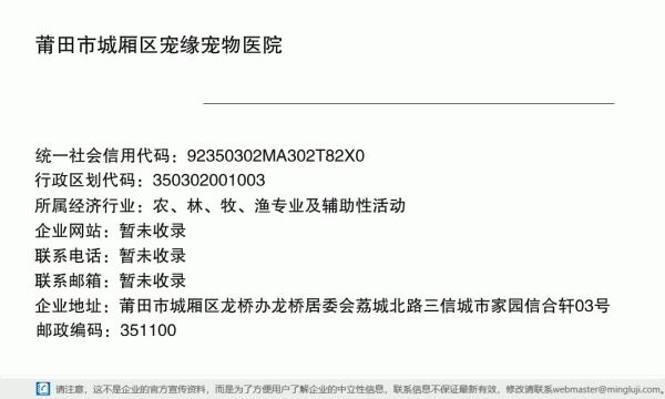 莆田市城厢区宠缘宠物医院详情信息电子名片