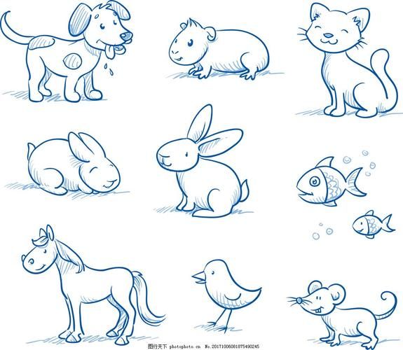 手绘可爱的小动物插画简笔画小狗小猫兔子