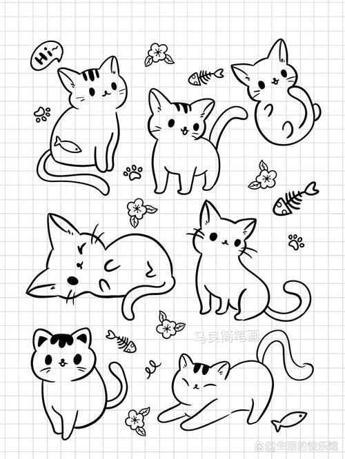 简笔画猫咪手帐素材动物插画儿童创意