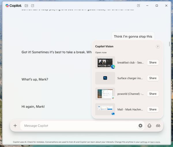 Microsoft Copilot Vision for Windows app picker