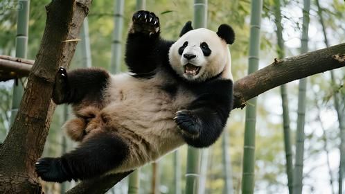 熊猫爬树掏鸟蛋，不小心从上面摔下，还好身材比较Q弹！