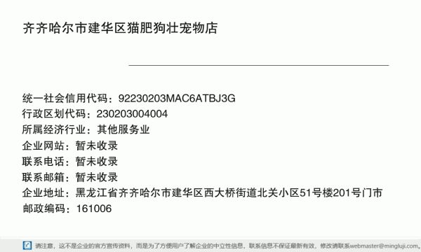 齐齐哈尔市建华区猫肥狗壮宠物店详情信息电子名片