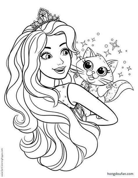 抱着宠物小猫的芭比公主填色图片大全红豆饭小学生简笔画大全