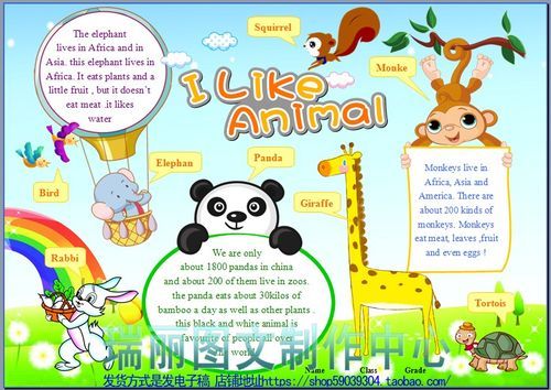 动物彩彩色电子小报英语手抄报小学生外语板报画报剪报模板1582