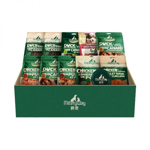 【rjm8.nlx8.com狗狗用品12】比熊犬吃什么水果好消化：Meatyway爵宴鸡鸭胸肉干磨牙训练奖励狗零食礼盒3630
