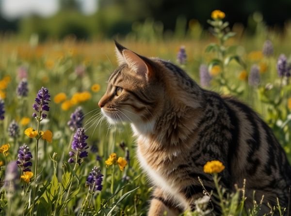 半蹲在花丛中的小肥猫图片