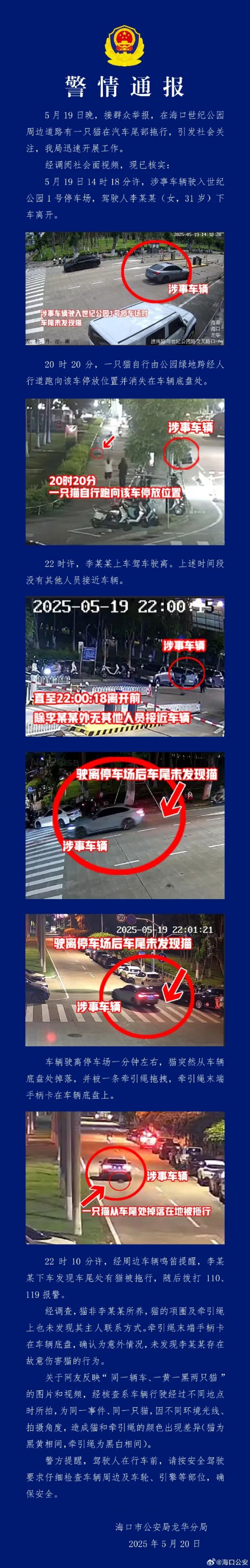 “汽车当街拖行小猫”，警方凌晨再通报！