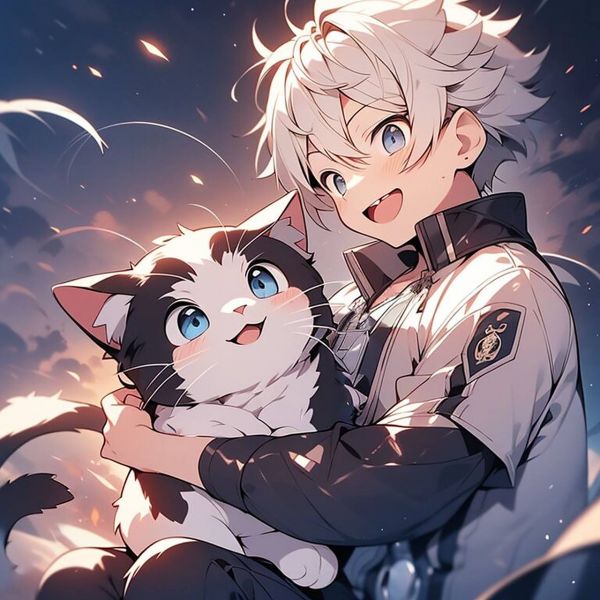 白发男孩与可爱的猫咪 ai咒语 动漫男孩抱着猫,干净的背景,卡通特色