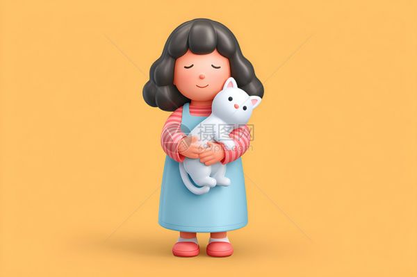 卡通小女孩抱白猫黄色背景图片