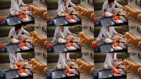 女性在家中为旅行打包行李和宠物,准备前往宠物友好的目的地。女性与小狗一起玩耍,整理行李,准备和宠物一