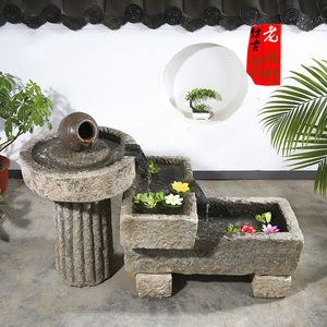 老石槽猪食槽复古中式装修石头摆件汉白玉大理石流水老槽子组合