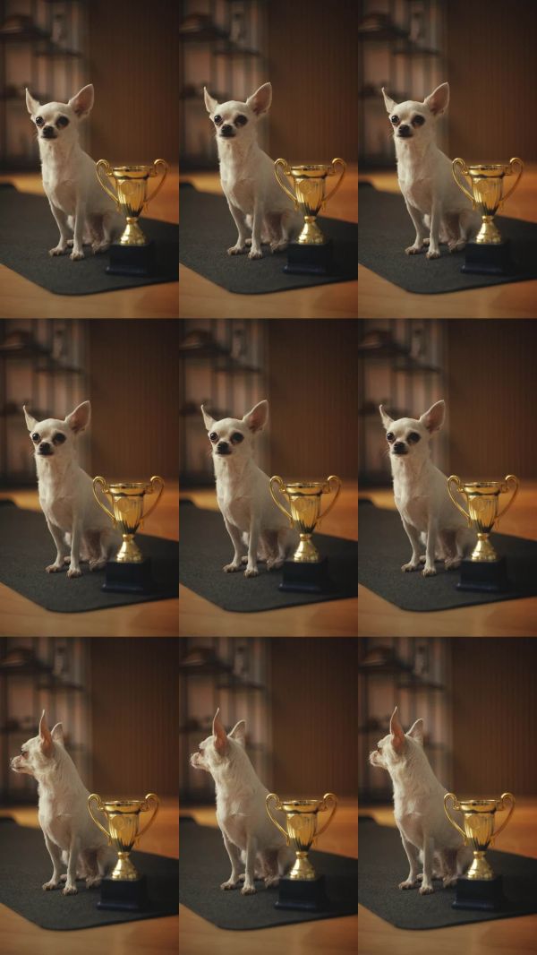 可爱的吉娃娃小狗坐在奖杯旁边,宠物比赛成就。