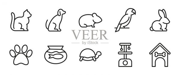 宠物图标集。轮廓化的家养动物符号,包括猫、狗、鹦鹉、兔子、鱼、乌龟和仓鼠。宠物配件和护理元素的矢量插图,如爪子、鱼缸和房子。插画图片素材