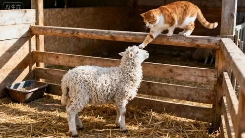 猫咪打了绵羊两巴掌，不料小羊突然爆发，直接将其顶飞
