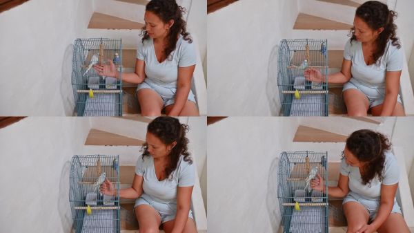 女人在楼梯上与她的宠物鹦鹉互动，展示了家庭中的亲密关系和宠物护理。