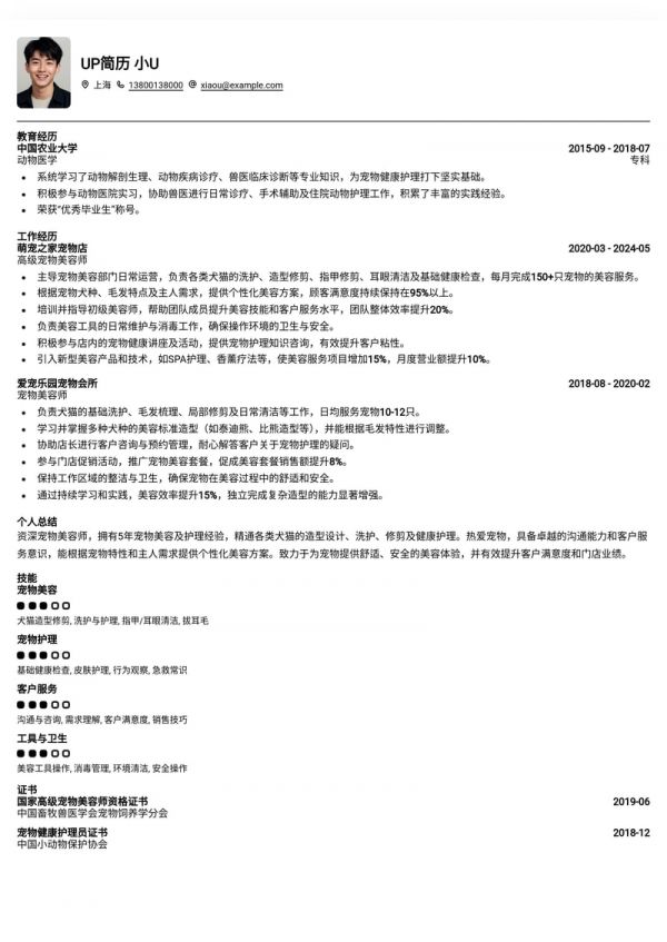 萌宠C位出道:专业宠物美容师简历模板,助你打造星级履历!简历模板预览