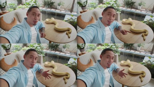 POV:一名男子在镜头前谈论他的白化宠物蛇。