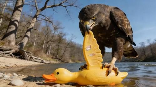 老鹰将鸭子叼上岸，当发现是只假鸭子后，下一秒大家忍住不要笑
