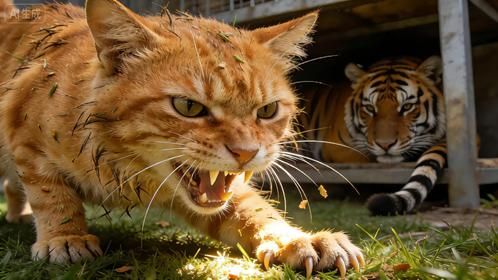 猫咪掉进老虎园，不料一只老虎过来了，接下来忍住别笑