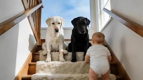 两只狗子不让宝宝上2楼，严格按照主人指示，接下来一幕让人笑喷