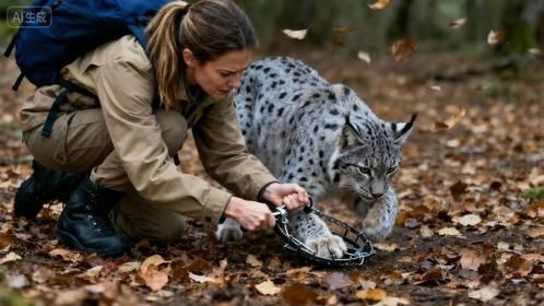 猞猁不幸踩到捕兽夹，女子冒险救援，网友：是你吗宝伯特