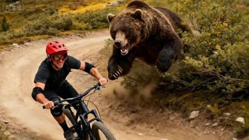 男子在森林中骑行速降车，突然被棕熊追赶，上演生死时速！