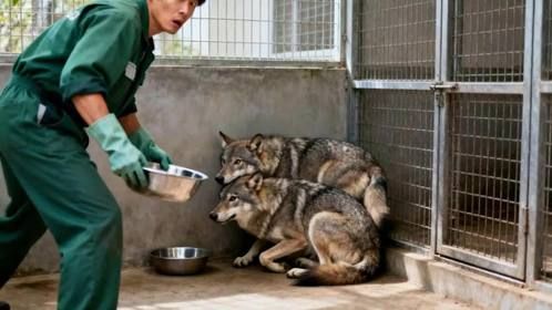 老虎饲养员给狼送食物，两只狼被吓得缩在角落，哆哆嗦嗦由此诞生