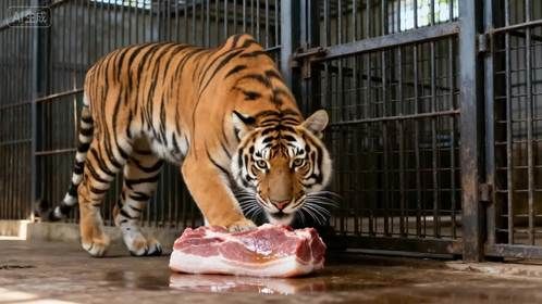饲养员将一块五花肉，丢进了关有东北虎的铁笼里，老虎的反应亮了