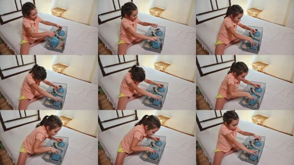 年轻女孩在舒适的床上享受她的仓鼠宠物。微笑的孩子在明亮快乐的房间里与小动物的笼子互动。