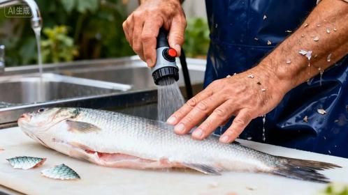 男人用高压水枪刮鱼鳞，鱼还没反应过来，“衣服”就没了！